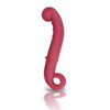 Silicone dildo with a long contoured shaft and angled, rounded tip.