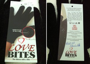 Love Bites Vampire Gloves Packaging, Tag, and Care Instructions